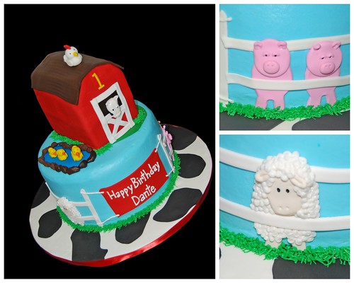 1st birthday farm themed cake - cow, sheet, pigs, ducks