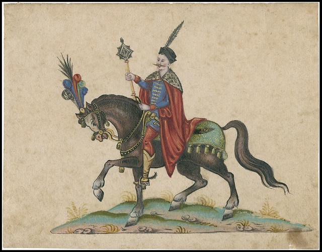 Prince or similar with sceptre on horse decorated with feathers