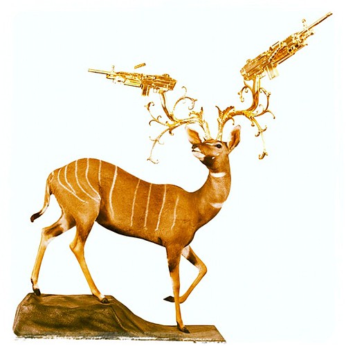@petergronquist #LesserKudu #mixedmedia #sculpture #taxidermy #weaponry #guns #gold #hunting by White Walls, Shooting Gallery & 941 Geary