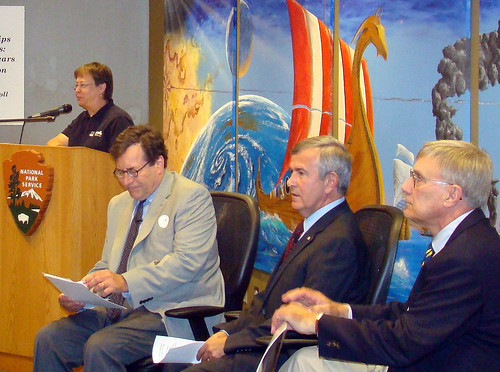 Rural Development State Director Maxine Moul (Speaking) with members of the panel, left to right, Dr. Kenneth Winkle, Lincoln scholar; Senator Mike Johanns, former Secretary of Agriculture; Dr. John Owens, Morrill Act presenter. 