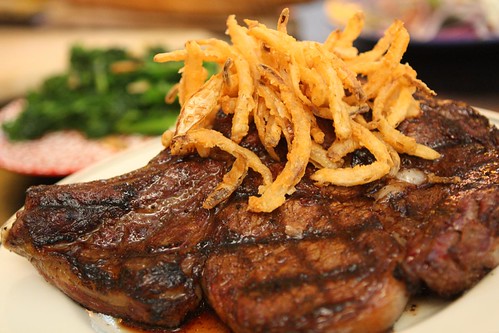 Grilled Ribeye with Spicy Fried Onions and Mashed Potato