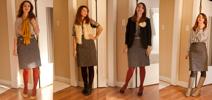 remix, tweed pencil skirt, four ways to wear, office attire, business casual, creative young professional, dash dot dotty, ootd, outfit ideas