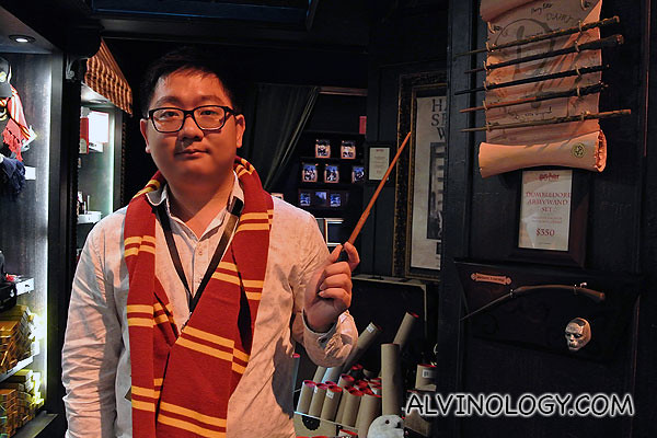 Me, decked in Hogwarts scarf and wand from the gift shop
