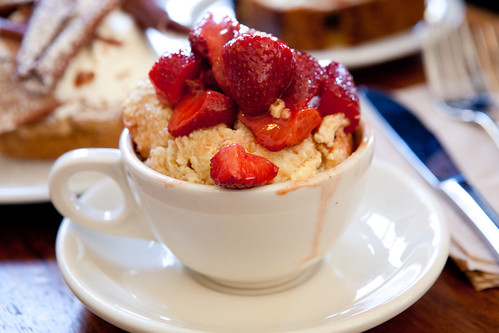 Bread pudding with fresh strawberries