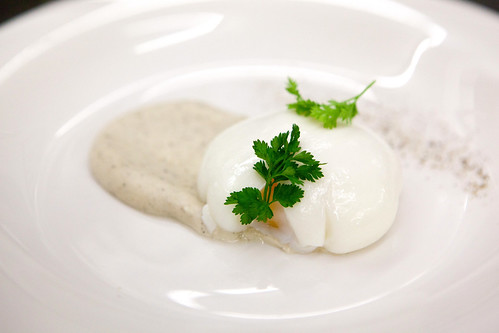 Chef Shaun Hergatt's third poached egg dish: Poached Egg on black truffle and celery root puree with chervil