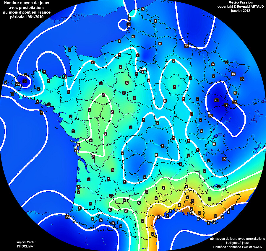 nombre moyen de jours avec pluie ou précipitations au mois d'août en France Reynald ARTAUD météopassion