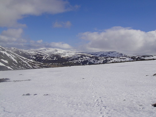 Looking Northeast back down to Baddoch from a snowy An Socach ridge, Cairngorms