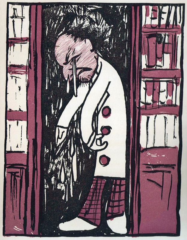 bitonal lithographic caricature of crying bookseller