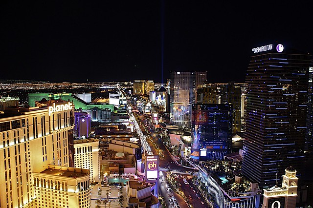 The strip looking South from the top of the Eiffel Tower , Las Vegas