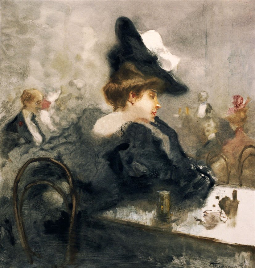 An Elegant Lady in Black in a Cafe by Pompeo Mariani