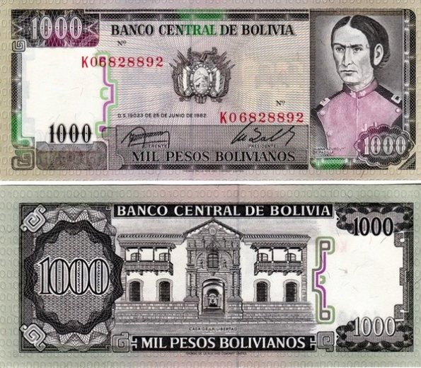 1000 Pesos Bolivianos Bolívia 1982, Pick 167