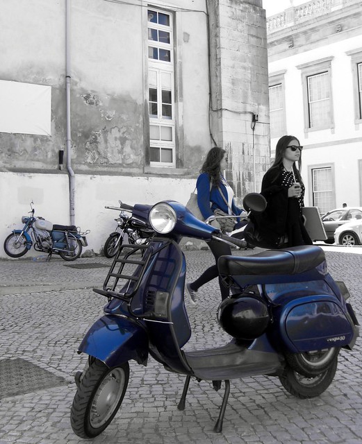 Classic blue Vespa scooter, Coimbra University, Portugal