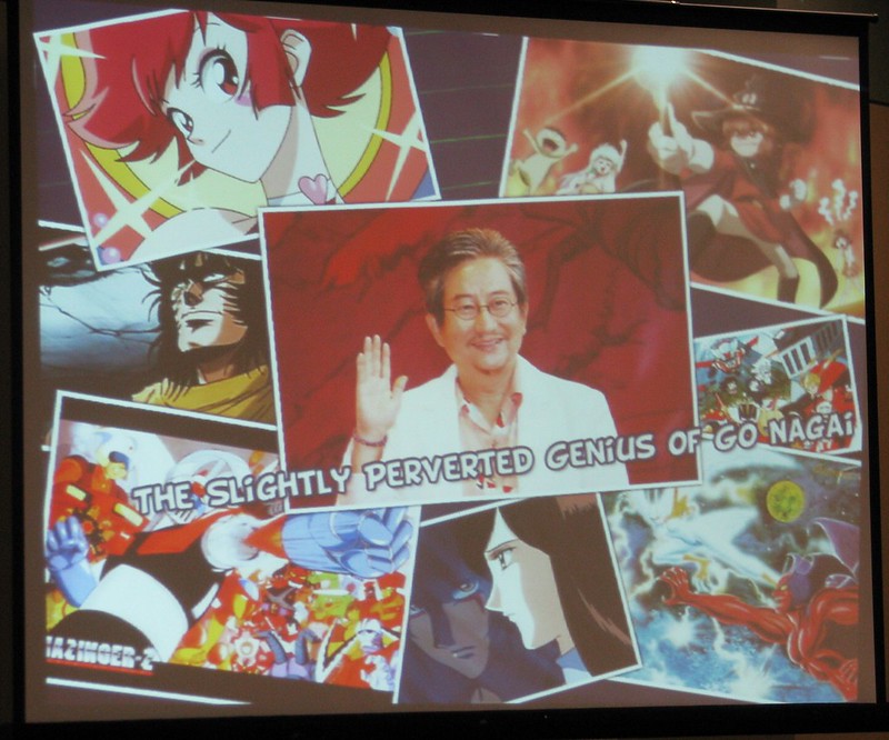 The title slide from "The Slightly Perverted Genus of Go Nagai" shows off some of his most popular titles