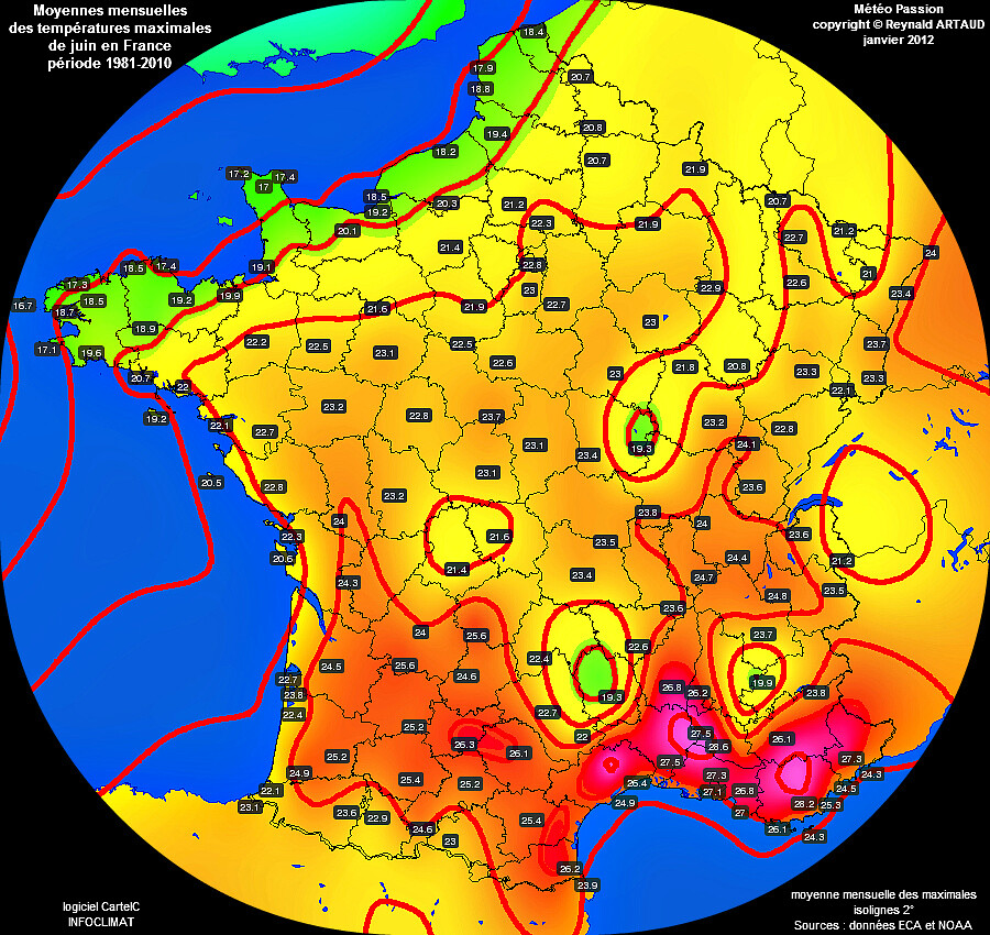 Moyennes mensuelles des températures maximales pour le mois de juin en France sur la période 1981-2010