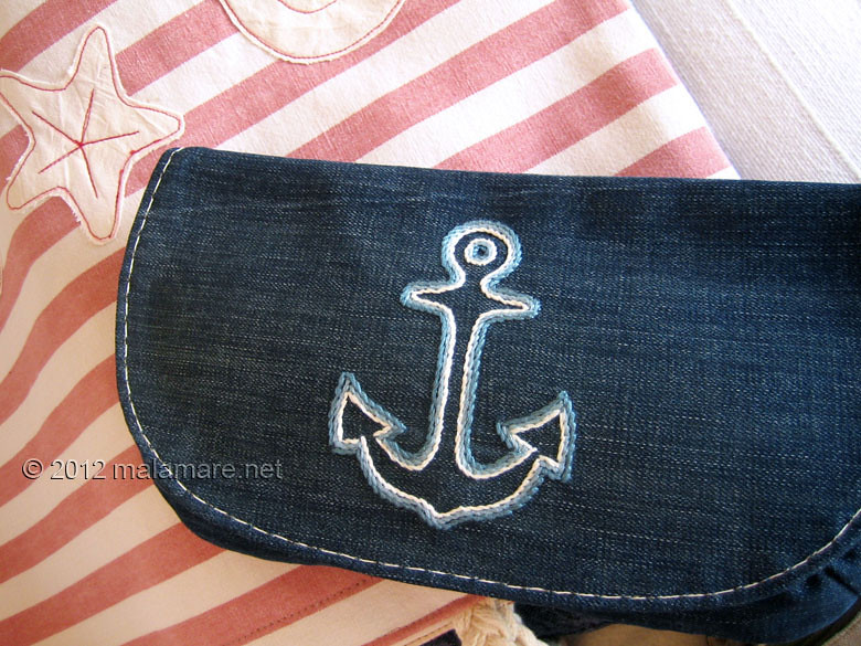 upcycled blue jeans clutch bag with hand embroidered anchor nautical