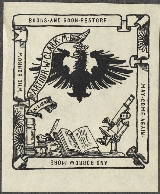 bookplate - Prussian eagle, ribbon banner + table with microscope and books