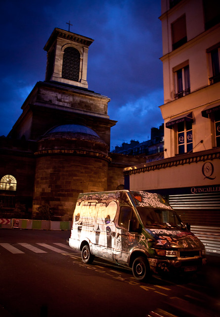 Graffiti Van & Church of Notre-Dame-de-Lorette at Night - Montmartre, Paris