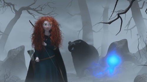 Merida walking through the woods with a bear following her