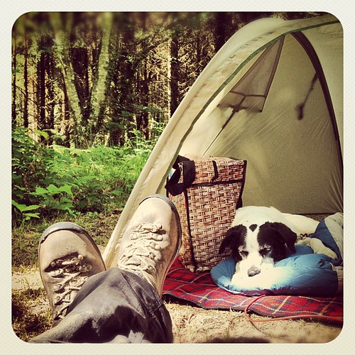 The two of us chillin tent side after a long walk in the Dordogne.