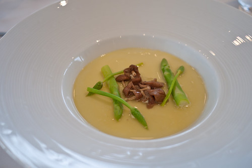 Asparagus, angel cap mushrooms, lemongrass and parmesan consomme at The Source, Mona