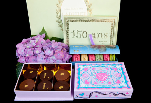 Ladurée's 150 anniversary box of macarons, box of chocolates and its 150 year anniversary card box