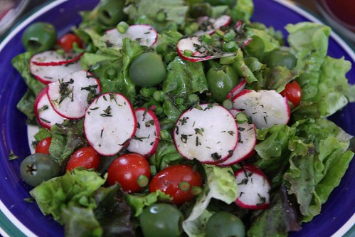 Red Leaf Lettuce with Radish, Garlic Scapes, Grape Tomatoes, Thyme, Lemon, and Olive Oil