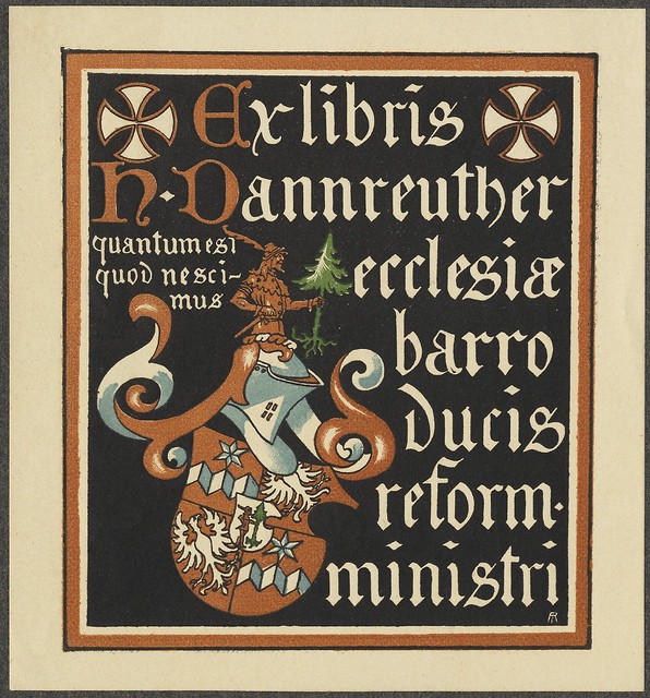 bookplate of solid blocked colourful illustration including armorial shield