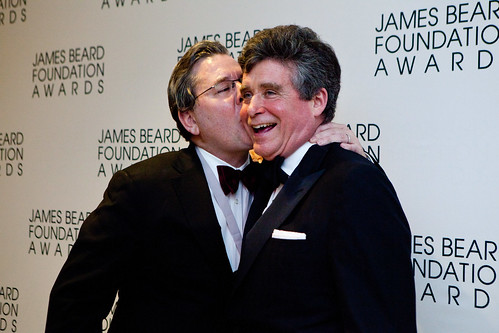 Charlie Trotter kissing his friend, James Beard Award Winner 2012, Humanitarian of the Year