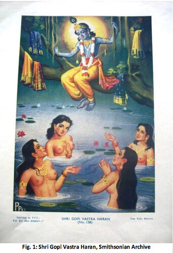Hindu book illustration featuring four topless women in a pool