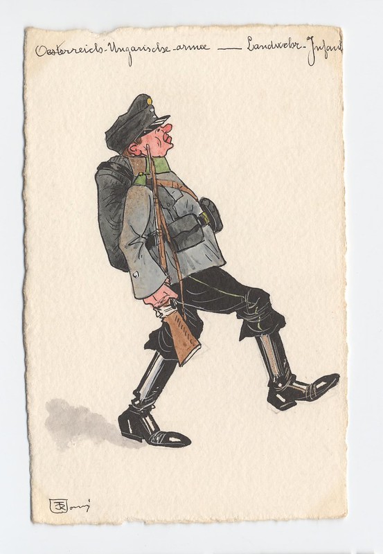 ridiculous caricature sketch of Austro-Hungarian soldier marching exaggeratedly
