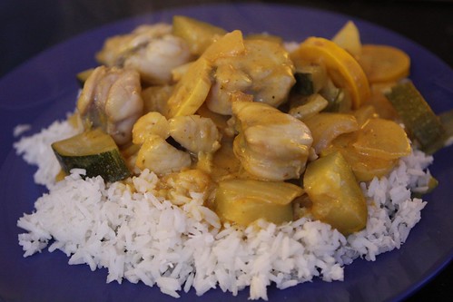 Summer Squash and Monkfish Curry over Coconut Rice