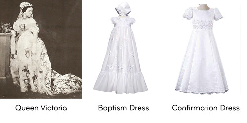 Queen Victoria in a white wedding dress next to a white confirmation and baptism dress