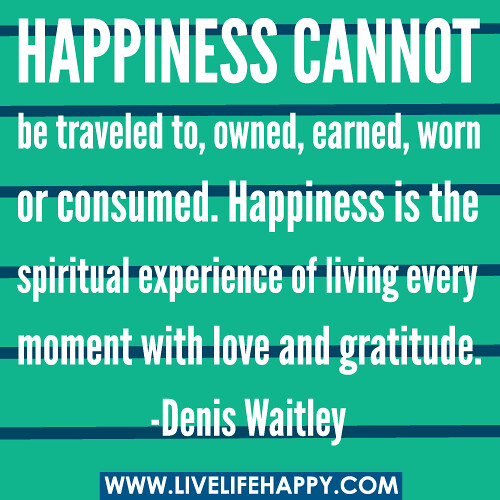 Happiness cannot be traveled to, owned, earned, worn or consumed. Happiness is the spiritual experience of living every moment with love and gratitude. -Denis Waitley