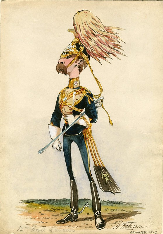 musthachioed caricature painting of English soldier in uniform 19th c.