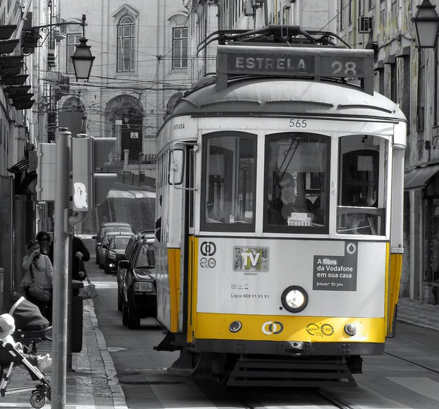 Famous yellow tram 28, Lisbon, Portugal