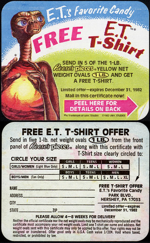 Hershey Reese's Pieces - Free E.T. t-shirt peel-away offer sticker - 1982 by JasonLiebig