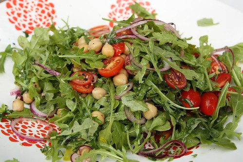 Arugula Salad with Chickpeas, Grape Tomato, Basil, and Lemon