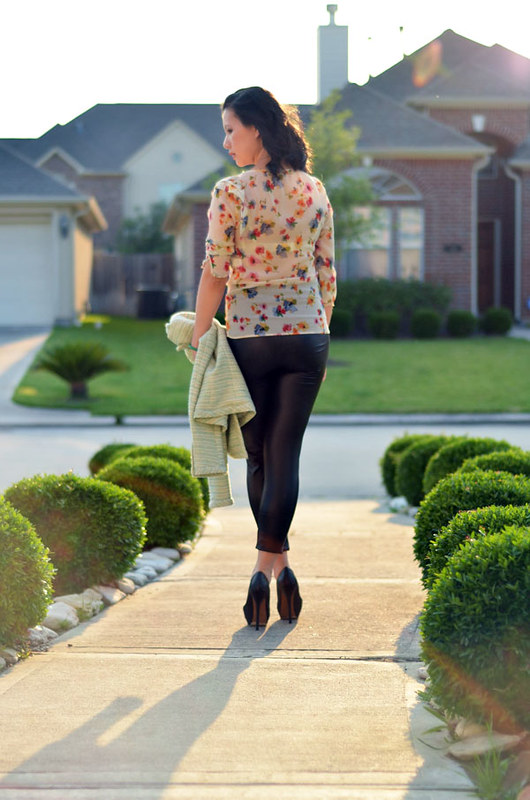 floral print top with leather leggings