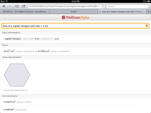 Calculating the area of a regular hexagon with WolframAlpha