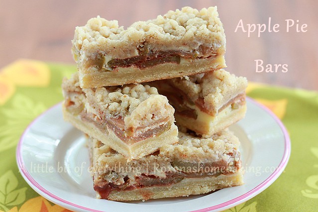 Apple pie bars from Roxanashomebaking.com Cinnamon flavored bars with a buttery crust, apple slices, custard and streusel topping
