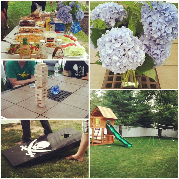 #Fun offsite today. Luckily the weather held up so we could play some #outdoorgames. #bbq #summer #summerfun #instafun #jenga #cornhole #badminton #volleyball #swingset #funinthesun #goodtimes #goodfood #instagood #picoftheday #hydrangea