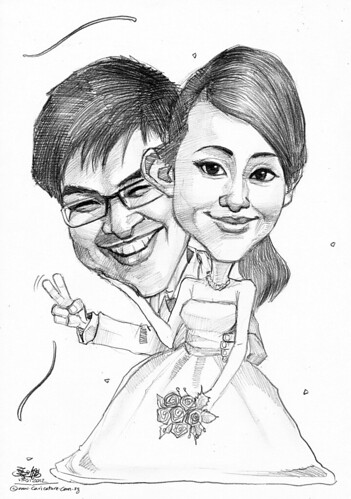 wedding couple caricatures in pencil