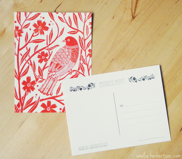 Postcard featuring my Red Bird linocut