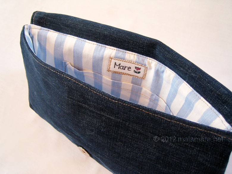 upcycled blue jeans clutch bag with hand embroidered anchor stripes