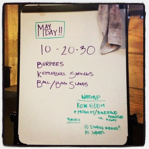 It was harder than it looks. 35lb kb and 20lb ball. My arms are still shaking. #wod