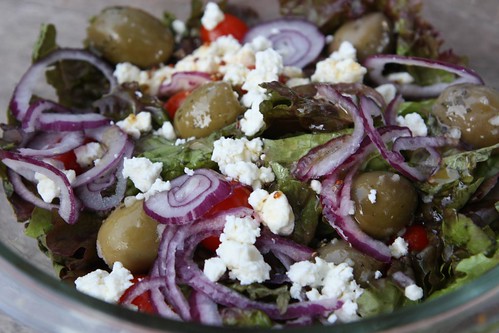 Red Leaf with Lemon Garlic Olives, Feta, Grape Tomatoes, and Red Onion