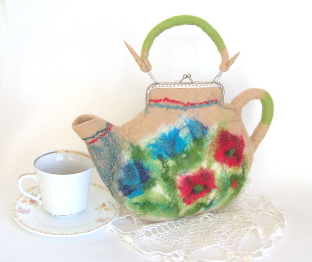 Felted teapot purse Cream with wild flowers