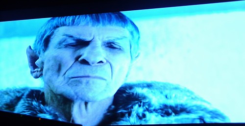 Face of pain, the unthinkable happened, Spock, wearing a fur trimmed coat, tells his story of the destruction of a populated planet, Romulus, and subsequently Vulcan, Alpha Quadrant, fiction, Star Trek film 2009, on TV, Seattle, Washington, USA by Wonderlane