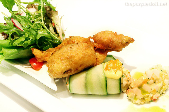 Soft-Shell Crab Fritters on Gribiche Sauce with Dungeness Crab, Mango and Cucumber Salad