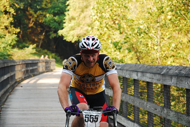A racer crosses an old railroad bridge during the New River Trail Challenge